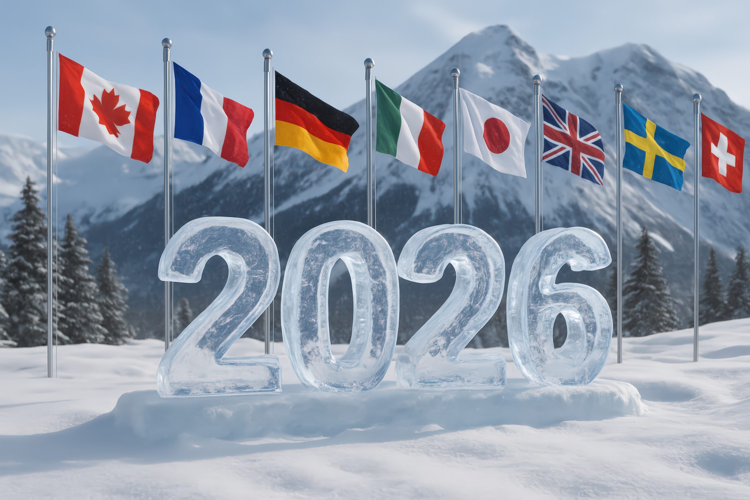2026 Year In Ice Sculpture With International Flags In Winter Landscape