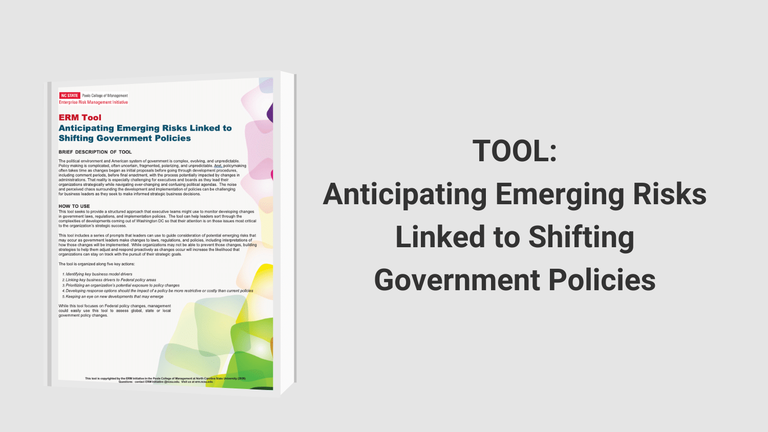 Cover art for an ERM Tool about anticipating emerging risks linked to shifting government policies.
