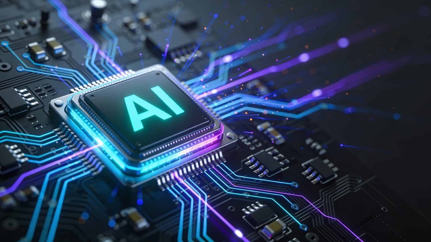 A close-up view of a microchip with AI on a circuit board with glowing blue and purple lines.
